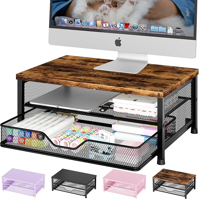 OPNICE Computer Monitor Stand Riser, Desk Organizers and Accessories with Drawer, Laptop Stand, Office Desk Accessories & Workspace Desktop Organizers Storage for Office Supplies(Brown)
