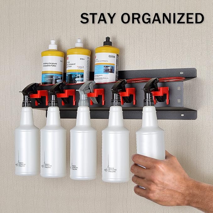 Spray Bottle Rack (2 PCS), Storage Organizer for Car Detailing Tools, Wall Mount, 5 Compartments + 5 Hooks, 21.7 x 4.7 x 3.3 inch, Black, Red