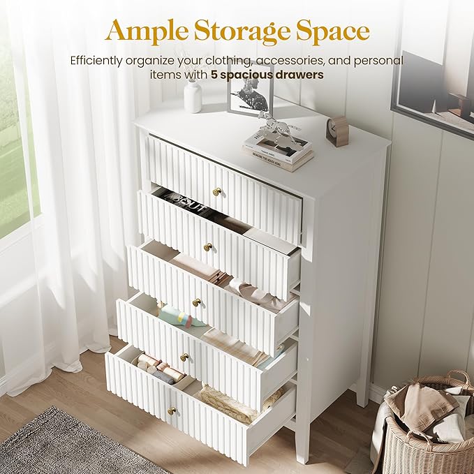 RoyalCraft White Fluted 5 Drawer Dresser for Bedroom, Tall Chest of Drawers, Waterproof Lacquered Desktop,Modern Wood Storage Cabinet for Living Room
