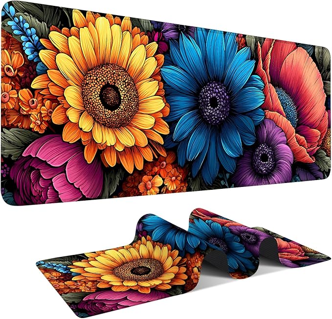 Flower Gaming Mouse Pad 31.5"x11.8"Desk Mat Anti-Slip Rubber Base & Durable Stitched Edges for Gamers Smooth Mouse Writing Surface for Desk Office/Home