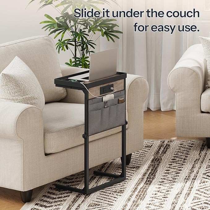 HOOBRO C-Shaped End Table with Charging Station, 29.5” Adjustable Height Side Table with Storage Pocket, Sofa Tray Table Slide Under Couch, for Living Room, Bedroom, Greige and Black BG78USF01