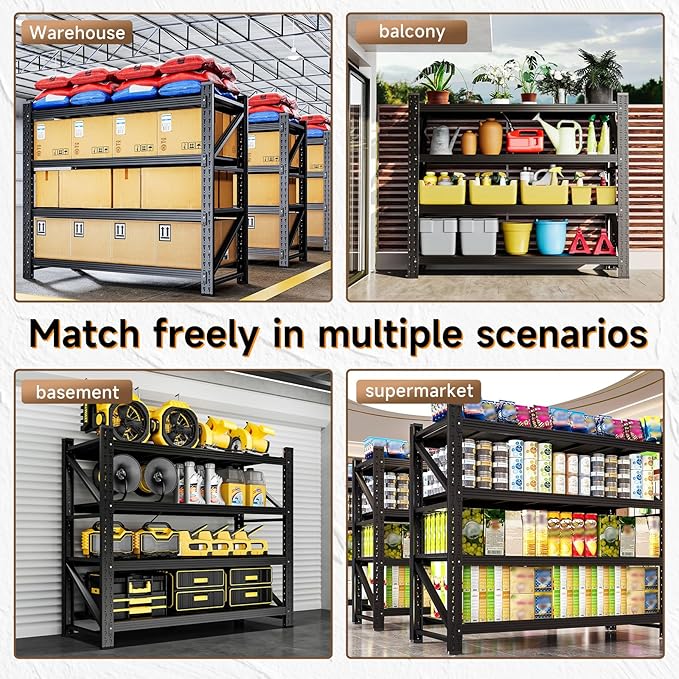3000LBS Storage Shelves,48" W Garage Shelving Heavy Duty 4 Tier Metal Storage Rack Shelf，Industrial Shelving Adjustable Shelf for Basement Warehouse 48" W x 24" D x 70" H，Black