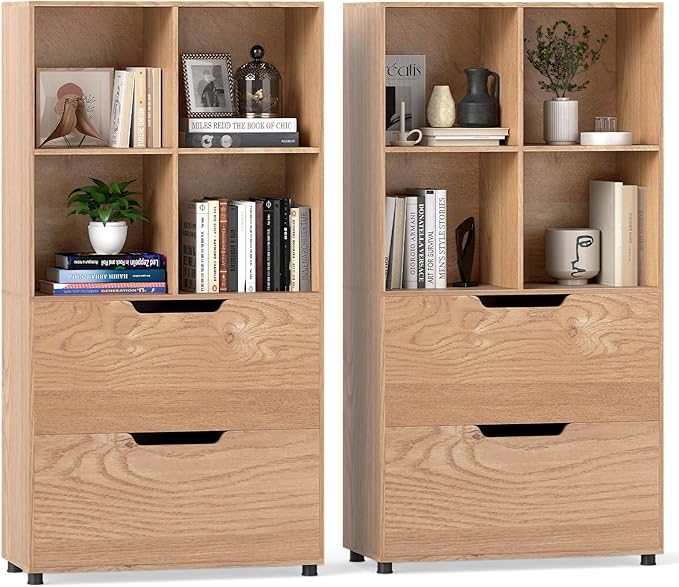 GOFLAME 4-Tier Bookcase with 2 Drawers, 51” Tall Bookshelf with 4-Cube Open Shelf, Wood, Modern, Freestanding Display Storage Organizer Shelf for Living Room, Home Office (2,Natural)