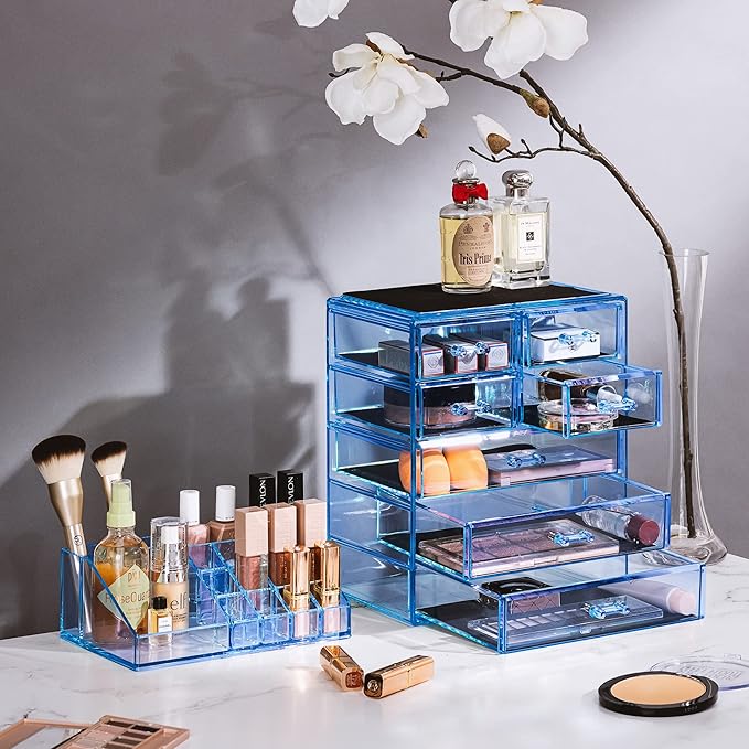 Sorbus Clear Cosmetic Makeup Organizer - Make Up & Jewelry Storage, Case & Display - Spacious Design - Great for Dresser, Bathroom, Vanity & Countertop (3 Large, 4 Small Drawers) [Blue Brilliance]