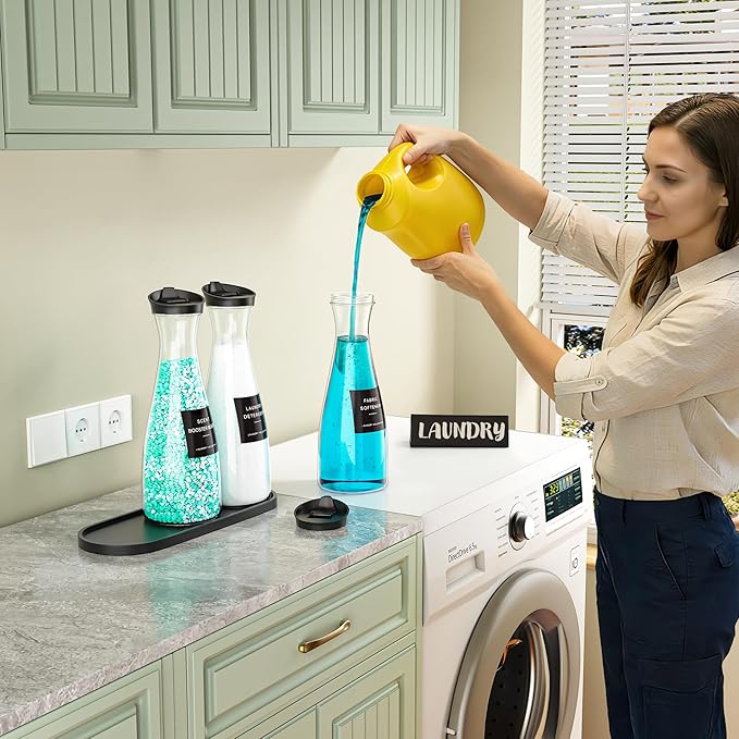 3 Pack Laundry Detergent Dispenser Container with Tray, 54OZ Liquid Laundry Soap Dispenser with 12 Labels, Black Laundry Room Organization for Powder, and Fabric Softener