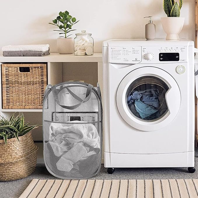 Larpur Pack of 3 Pop up Laundry Hampers, Collapsible Laundry Baskets, Portable Mesh Clothes Hampers for Kids Room, College Dorm, Bathroom, Foldable Hamper with Carry Handles, Gray