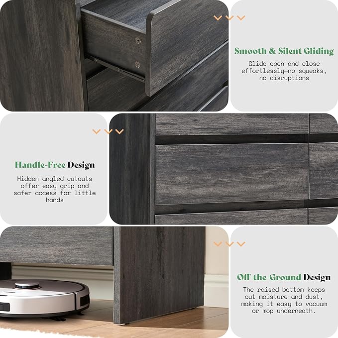 AMERLIFE 6 Drawer Dresser for Bedroom, 49" Long Modern Chest of Storage Drawers with Rounded Corners, Anti-Tip Kit, Wood Cabinet Organizer for Closet, Apartment, Nursery, Easy Assembly, Black