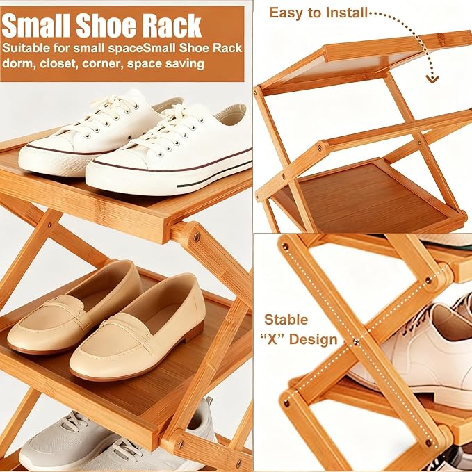 YYW Flat Bamboo Shoe Rack for Entryway, Installation-Free and Folding Vertical Small Shoe Rack, Saves Space Narrow Shoe Racks for Doorway Closet