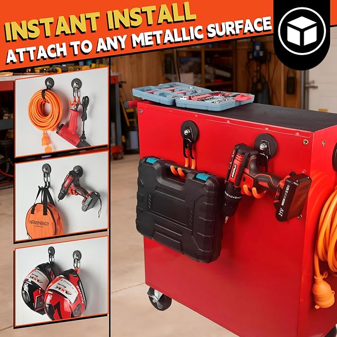 ULIBERMAGNET New Updated Garage Strong Magnetic Hooks, 2 Pack Heavy Duty Large J Hooks with Magnet, Anti-Slip Coating Magnet Hooks for Garden Tools, Ropes,Drill