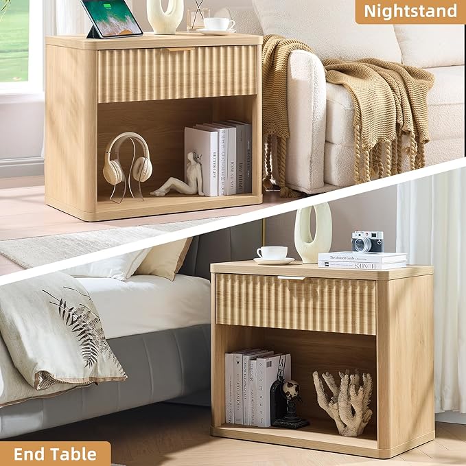 LEYAOYAO 31" Wide Fluted Nightstand with Charging Station, Oversized Extra Large 1 Drawer Night Stand with Golden Handle, Natural Wood Bedside Table Tall End Tables,for Bedroom, Living Room, Hallway