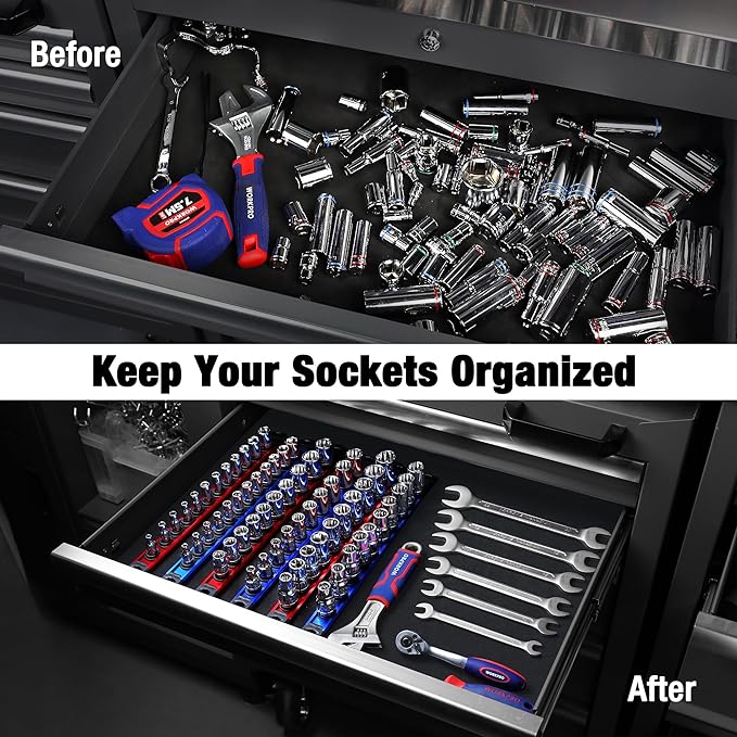 WORKPRO Magnetic Socket Organizer, 1/4-Inch Drive Aluminum Alloy Sockets Rail, Heavy Duty Sockets Holder, Socket Rack Kit 1/4-Inch x 12 Clips (Blue)