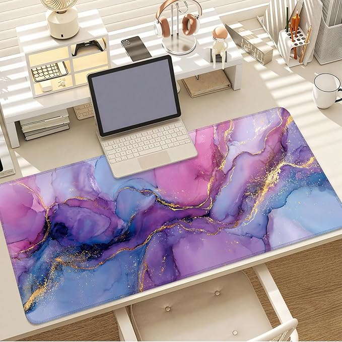 Purple Marble Ink Mouse Pad – Large Extended Desk Mat 35.43 x 15.75 in – Alcohol Ink Watercolor with Gold Vein Design, Non-Slip Base, Waterproof Surface, Aesthetic Keyboard & Mouse Pad