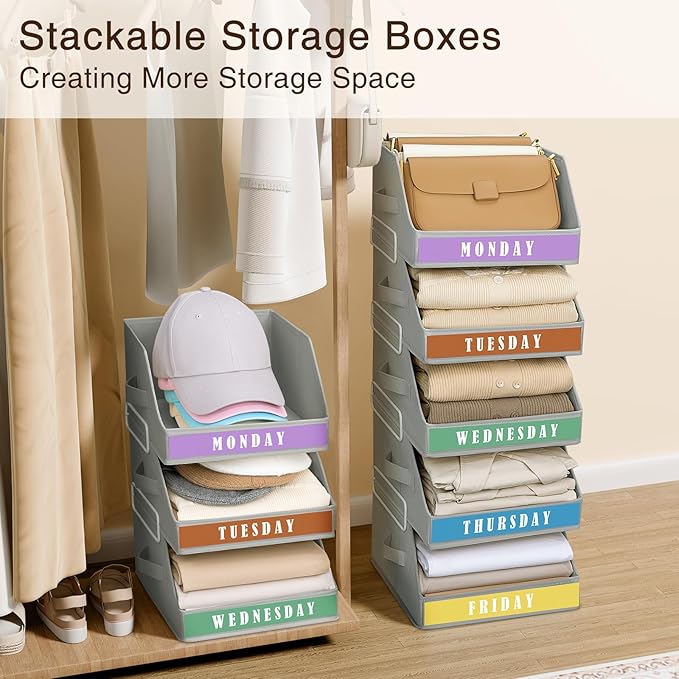 Closet Organizers and Storage - 5 Tier Shelf Organizer with Weekly Labels, Stackable Storage Bins with Metal Frame, Foldable Cube Bins, Home Baskets for Kids and Adults, Grey