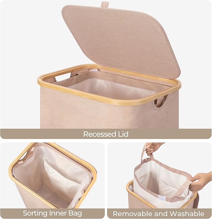 StorageWorks 100L Large Laundry Hamper with Lid, Tall Laundry Basket with Bamboo Handles and Removable Inner Bag, Collapsible Laundry Hamper for Clothing, Towels, Reddish Brown, 1-Pack