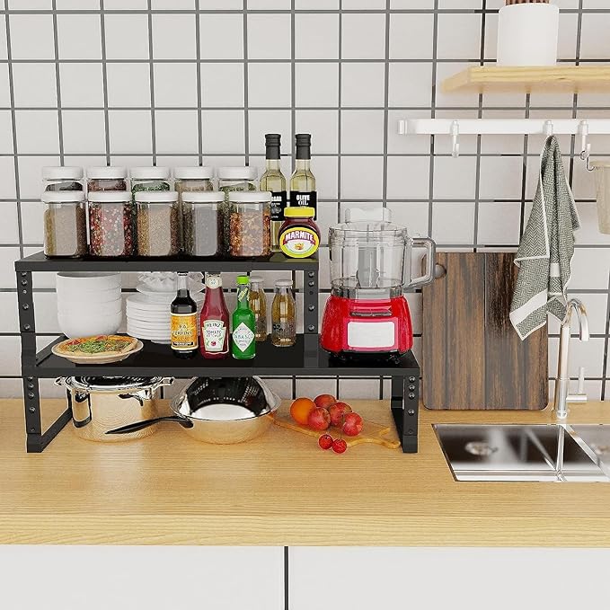 Expandable Cabinet Shelf Organizer Storage Spice Rack Shelves for Kitchen Stackable Adjustable Pantry Cupboard Bathroom Countertop Desktop(2Packs/Black/Large)