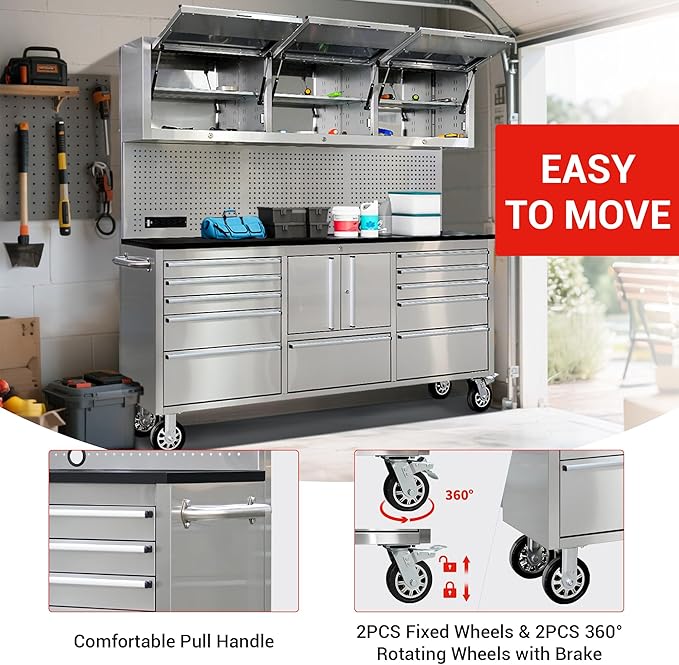CT Copper Tailor 72-Inch Rolling Tool Chest with 11 Drawers & 4 Cabinets, Pegboard, Power Strip,LED Light,Mobile Workbench for Garage,Workshop,Stainless Steel
