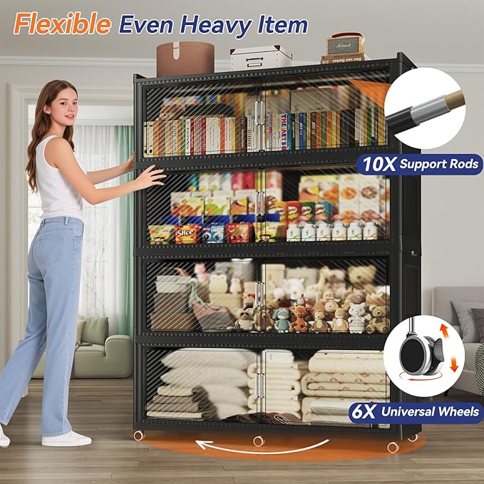 200 Gallon Extra Large Collapsible Storage Bin with Lid, 960QT Stackable Plastic Organizer with 6x Wheels, Foldable Drawer Cabinet for Closet, Living Room Office, Kitchen 4Pack, Black