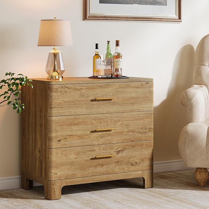 Tribesigns Oversized Nightstand with 3 Drawers, 31.5-Inch Wide Wood Farmhouse Night Stand with Storage and Gold Mental Handles for Bedroom, Brown (1)