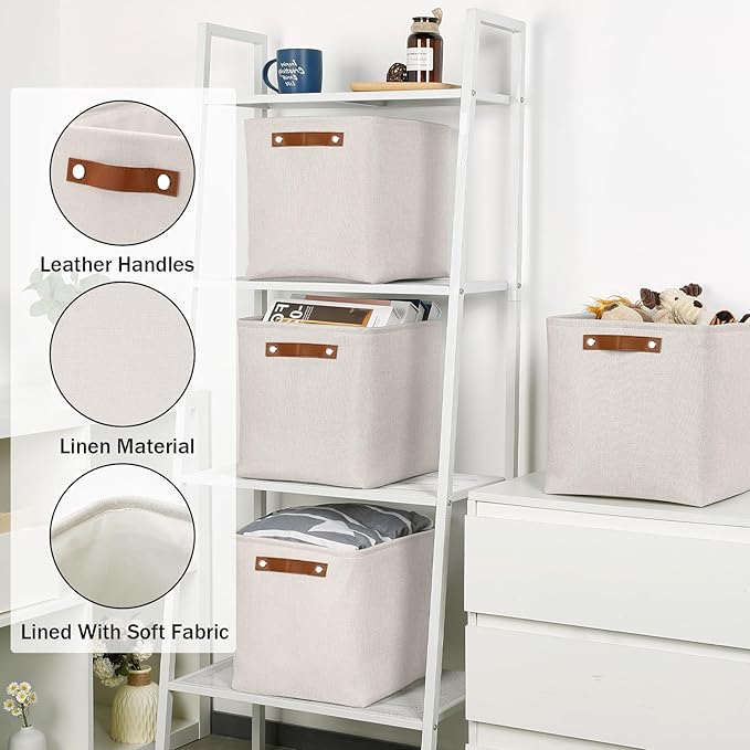 HNZIGE Foldable Cube Storage Bin(4 Pack) Storage Baskets for Shelves, Closet,12x12 Storage Cube Bins Baskets for Cube Organizer, Fabric Storage Cubes for Storage Home Organization with Handles(Cream)