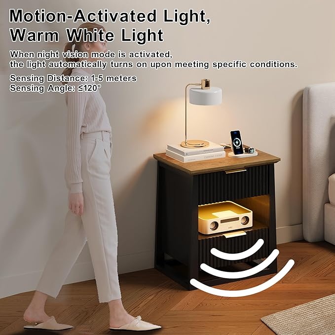 HIFYOBRO Fluted Nightstands Set of 2 with Charging Station & Motion Sensor Light, Modern Bedside Tables with 2 Drawers and Storage Shelf for Bedroom, Black