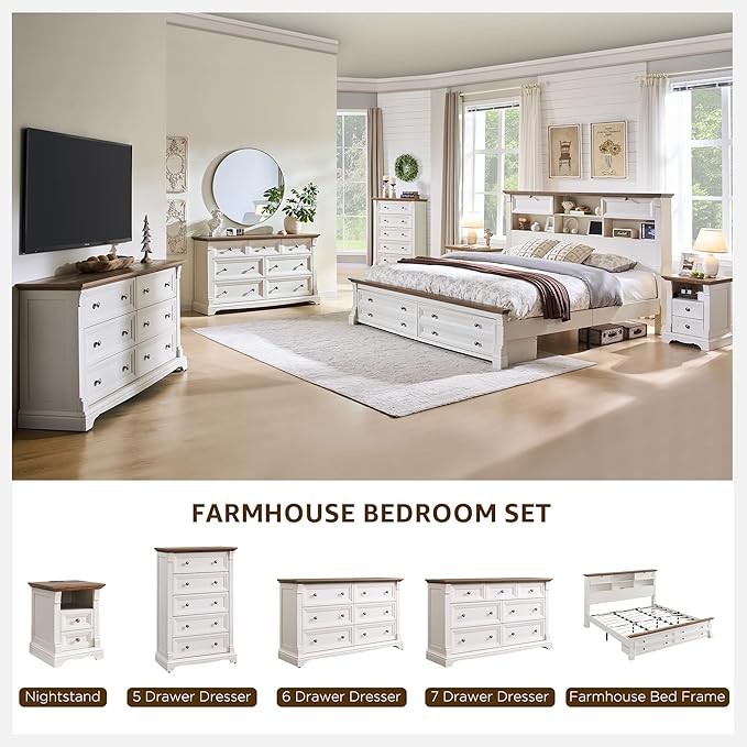 T4TREAM Farmhouse 5 Drawer Dresser for Bedroom, 47" Tall Wood Dresser with Ample Storage Space and Rustic Charm, Antique White