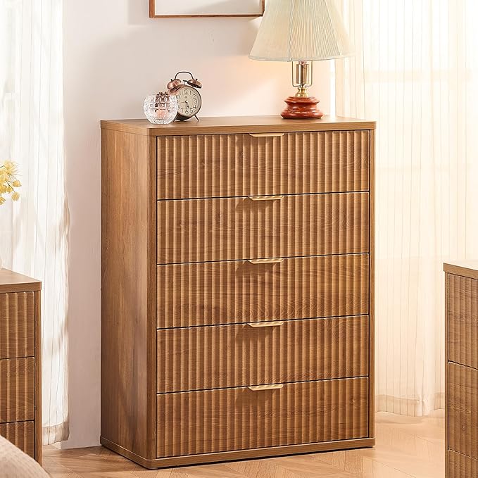 LEYAOYAO Fluted 5 Drawers Dresser for Bedroom Set of 2, 41" Tall Modern Chest of Drawers with Metal Handle, Curved Profile Design,Brown Wood Drawer Organizer for Bedroom, Living Room, Hallway
