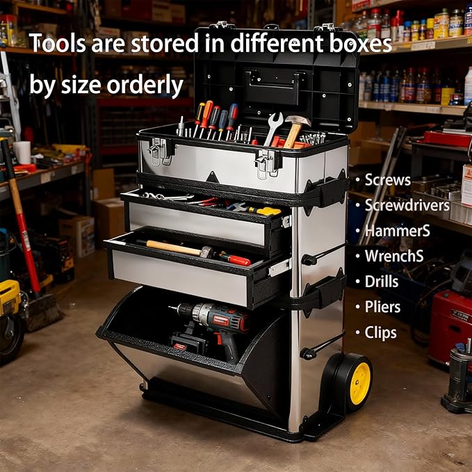 Zateety Rolling Tool Box - 3 Parts Sliding Shelf Removable Tool Chest - Stainless Stackable Tool Storage Cabinet with Wheels & Locks for Tools Organizer or Arts Crafts Supplies, Sliver