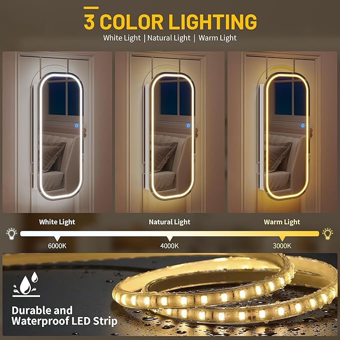 LVSOMT LED Mirror Jewelry Cabinet, Wall/Door Mount Jewelry Mirror Organizer, Rounded Full Length Mirror with Storage, Lockable Jewelry Armoire, 16" Wide, Foldable Shelf, Interior Mirror, White