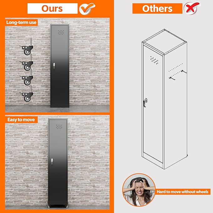 Aobabo 72" H Garage Storage Cabinet with Wheels, Broom Closet Lockable Metal Cleaning Tool Cabinet with Hooks, for Cleaning Supplies Broom mops, Assembly Required, Black