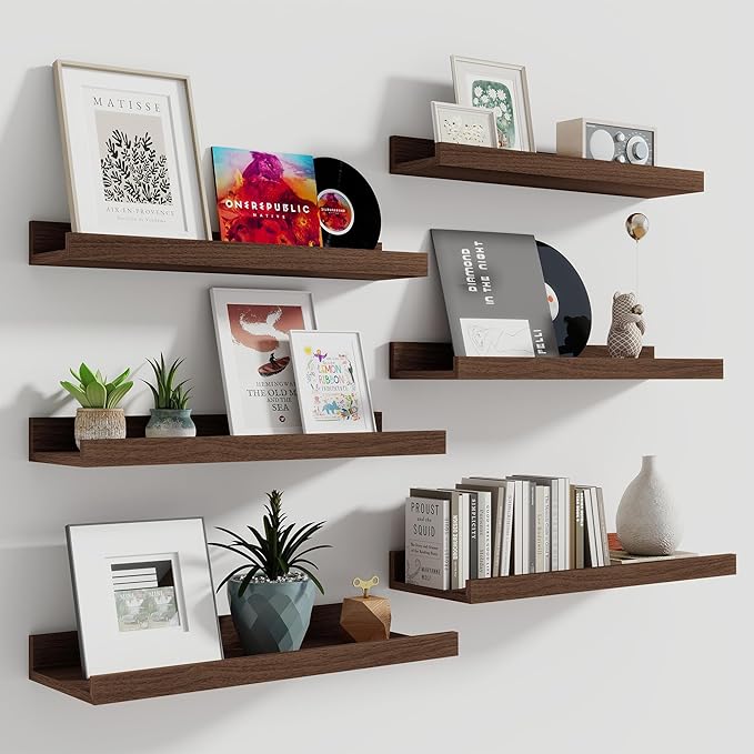 Fun Memories Picture Ledge Shelf, 16 Inch Long Floating Shelves Set of 6, Picture Shelf for Wall with Lip, Large Nursery Book Shelves for Storage, Wall Shelves for Living Room Bedroom Kitchen, Walnut