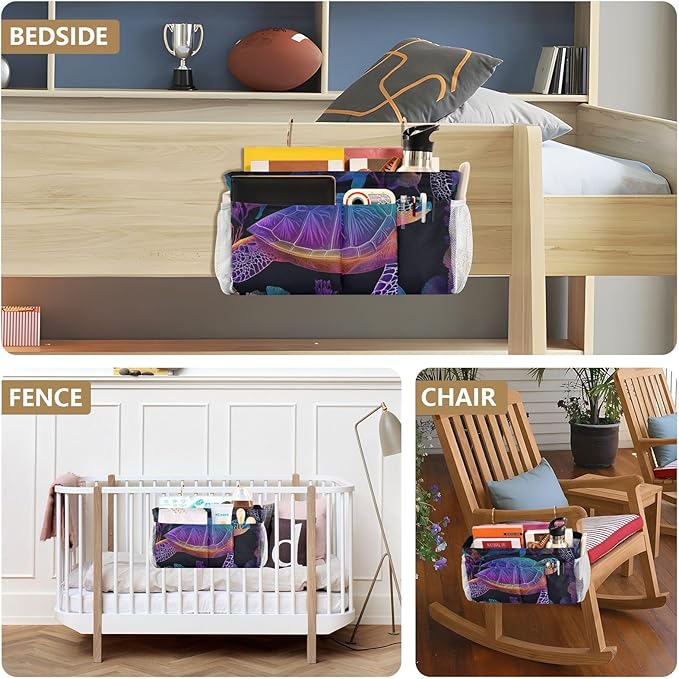 Colorful Gradient Turtle Fish and Coral Bedside Caddy for Dorm Bed Bedside Hanging Caddy Bag Iron Frame Storage Organizer Pocket for Bunk Home College Hospital Beds 2 Hooks