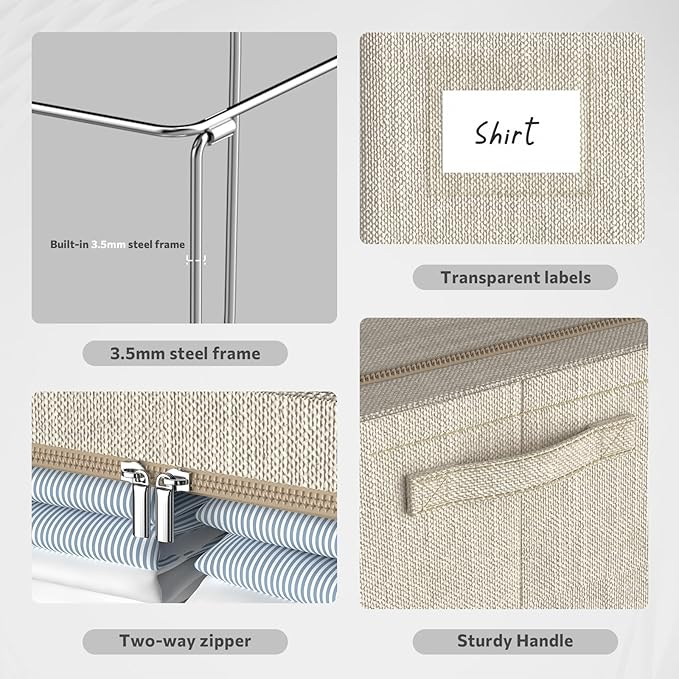 CYhom 3Pack Foldable Storage Bins - Frame Storage Box Linen Fabric Stackable Clothes Container Organizer with Clear Window & Carry Handles Large Capacity (Large-66L, Beige)