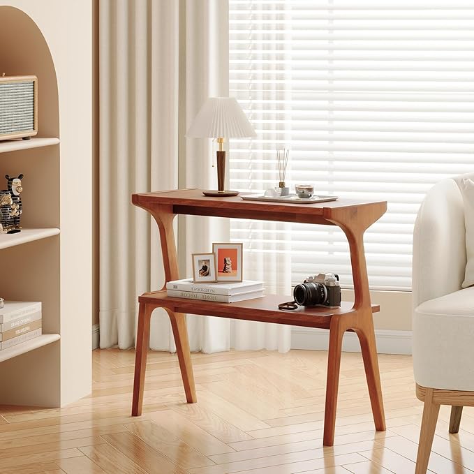 Solid Wood End Table, 2-Tier Side Table with Storage Shelf, Wooden Modern Accent Slim Bedside Table for Sofa, Living Room, Bedroom, Small Space, Easy Assembly, Cherry