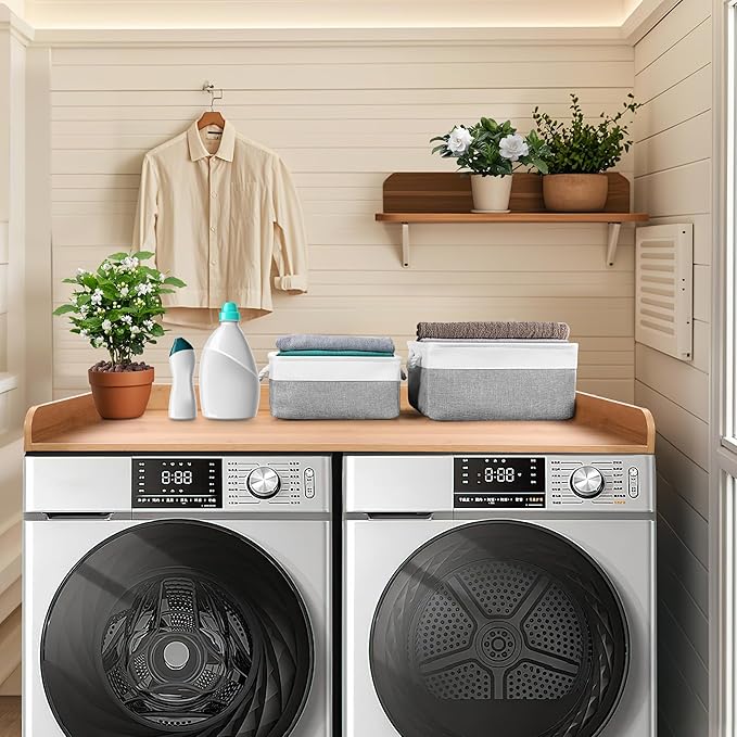 Washer Dryer Countertop with 2 Pack Storage Baskets, Wood Washer and Dryer Countertop with Non-Slip Pads/Edge Rails for Laundry Room Storage and Organization, 27.5" W x 54" L(Dark Woodcolor)