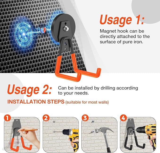 8 Pack Heavy Duty Storage Magnetic Utility Hooks Large Garage Strong Extra Magnet Hooks Hanger with Anti-Slip Coating Heavy Duty Magnetic Hooks for Hanging Power Dril Garage Garden Tools Orange