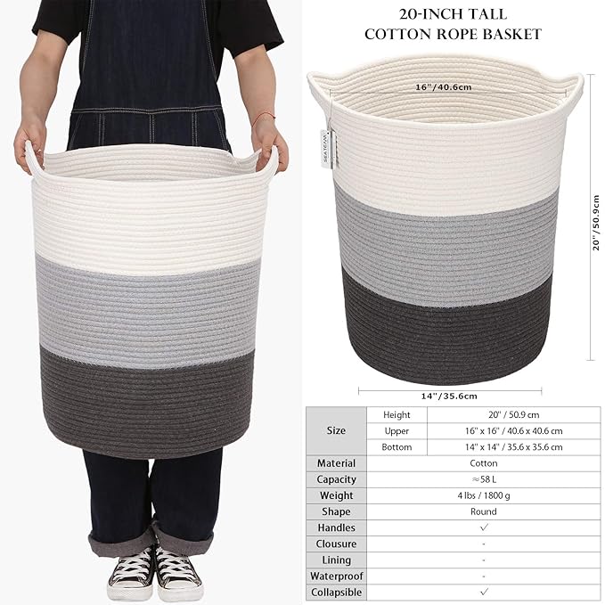 Sea Team Large Size Cotton Rope Woven Storage Basket with Handles, Laundry Hamper, Fabric Bucket, Drum, Clothes Toys Organizer for Kid's Room, 20 x 14 inches, Round Open Design, White & Grey
