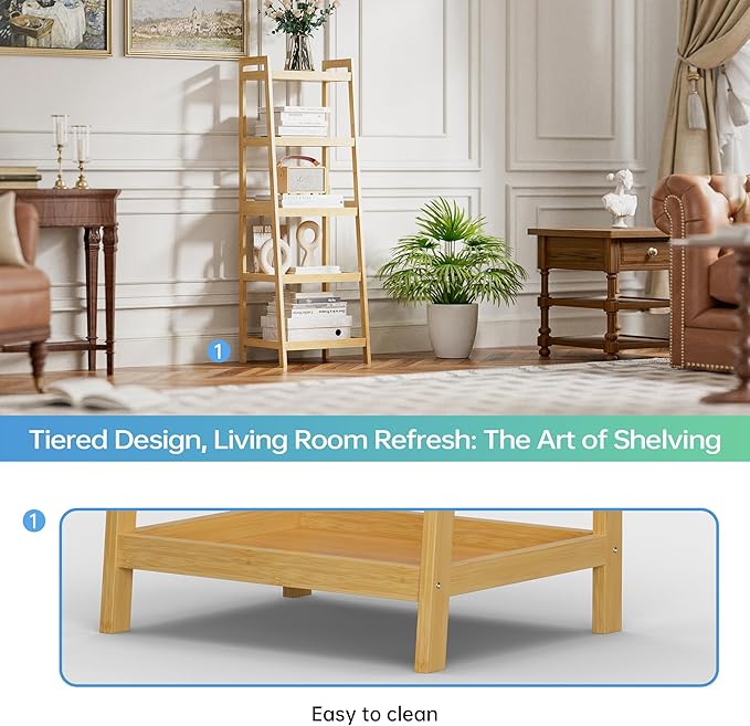 SMIBUY Bamboo Ladder Bookcase, Bathroom Storage Rack Organizer, 4 Tier and 5 Tier Freestanding Plant Display Stand Space Saver Shelves for Bedroom, Kitchen, Balcony (Natural, 5 Tiers (50" H))