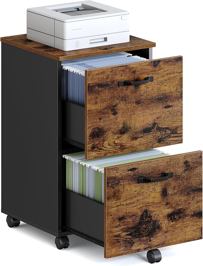 VASAGLE 2-Drawer File Cabinet, Small Rolling Filing Cabinet for Home Office, Printer Stand, for A4, Letter-Size Documents, 15.7 x 16.5 x 27.6 Inches, Rustic Brown and Ink Black UOFC040B01