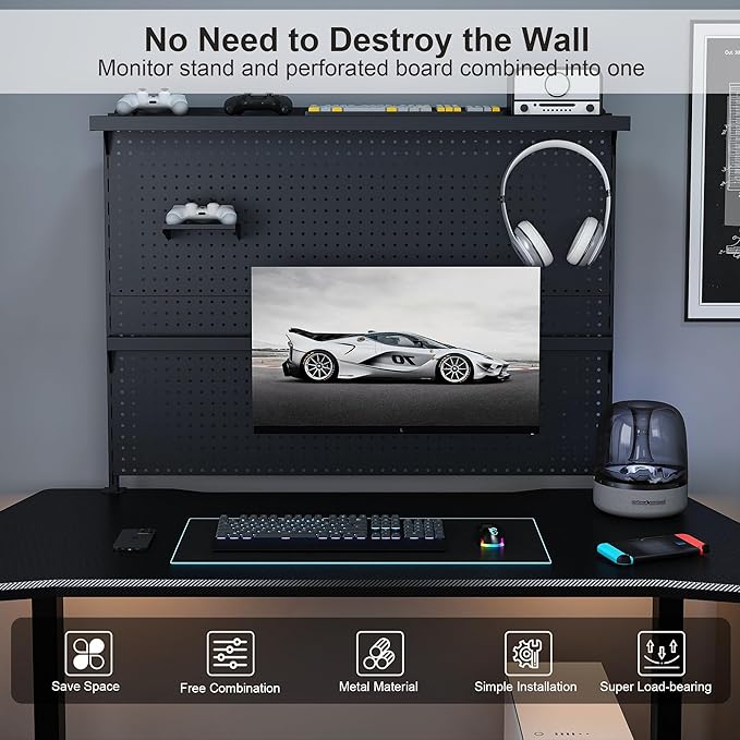 KEIKI Clamp-On Desk Pegboard with Single Monitor Stand, 43" x 35" Steel Peg Board Office Organizer with Hooks, Movable Panel & Shelf for Office Supplies, Gaming Setup & Desk Organization, Black