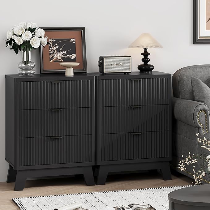Fluted Nightstand with 3 Storage Drawers, 24" Wide Wood Bedside Table with Mental Handle, Mid Century Modern Wooden Side Table Night Stand, Curved End Table for Bedroom, Living Room, Black