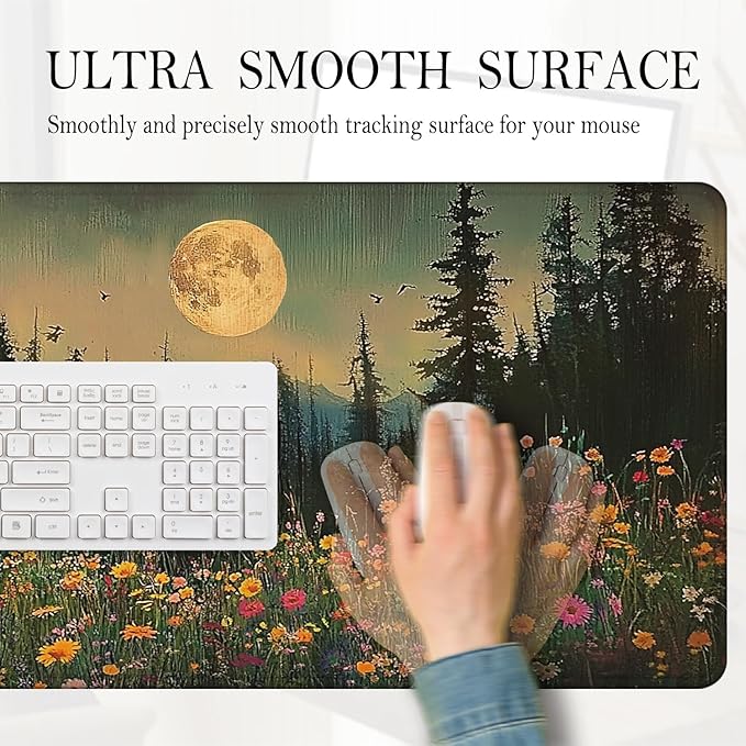 Vintage Moonlit Wildflower Floral Large Mouse Pad 31.5x15.7inch, Retro Nature Landscape Flower Large Extended Computer Desk Mat Mousepad for Keyboard and Mouse, Floral Desk Accessories