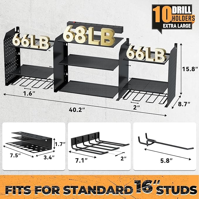Upgrade Large Power Tool Organizer Wall Mount with Charging Station, 6.5FT Power Strip, 10 Drill Holders, and Storage Rack for Garage Organization