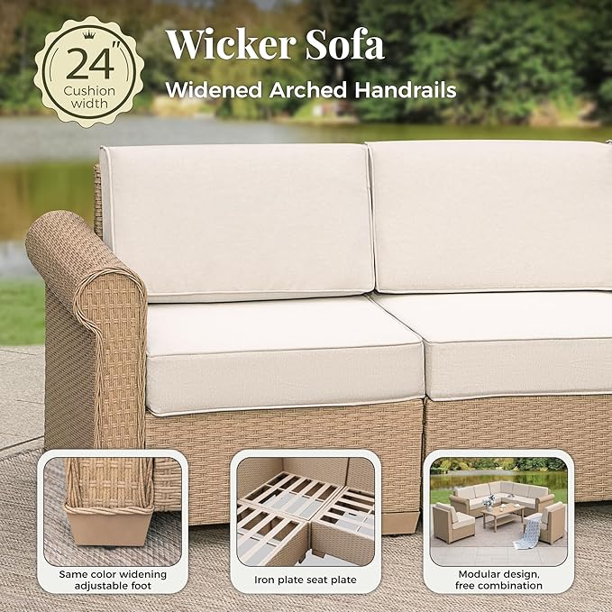 Patio Furniture Set, 6 Piece Outdoor Rattan Wicker Sectional Conversation Set with 5.5" Thick Waterproof Cushions and Coffee Table for Deck Backyard