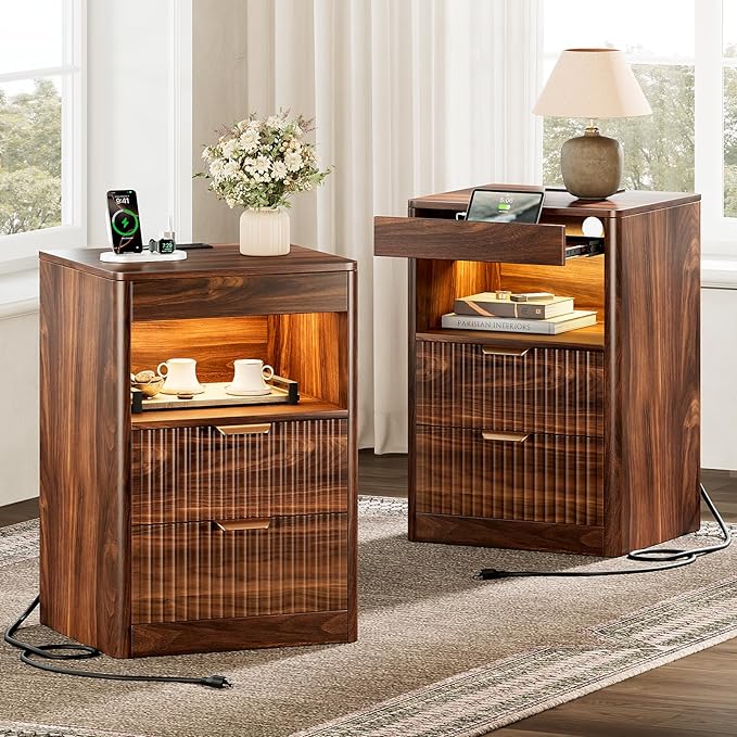 REAHOME Fluted Nightstand Set of 2 with Charging Station, Modern LED Night Stand with 2 Drawers and Pull Out Tray, Wood Bedside Table, End Side Table with Open Shelf for Bedroom,Walnut