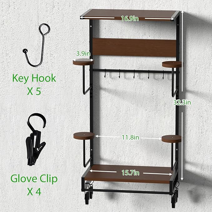 EleganceX Motorcycle Helmet Storage - Helmet Rack Wall Mount with 2 Tiers Storage Boards, 4 Hat Stands, 4 Glove Clips,5 Key Hooks Motorcycle Helmet Holder for Gear Accessories, Clothes, Gloves