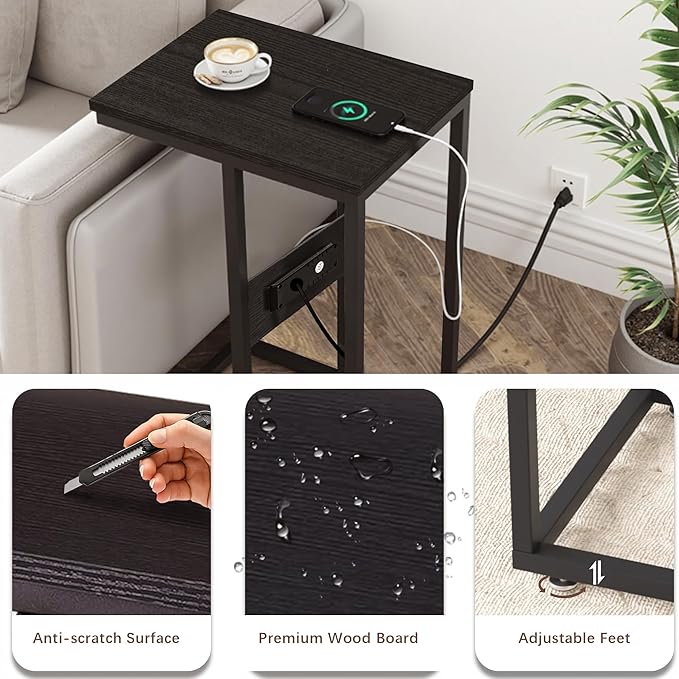 VECELO C Shaped End Side Table with Charging Station & Power Outlets for Couch Sofa/Bed, Snack TV Tray with Metal Frame for Living Room Bedroom 2 PCS, Black