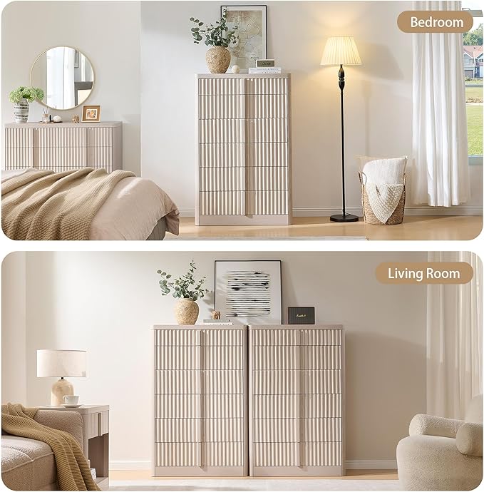Fluted Dresser for Bedroom, Chest of Drawers, 48" Tall 6 Drawer Dresser, Curved Profile Design, Modern Wooden Chest of Drawers with Solid Wood Handle for Living Room, Bedroom, Hallway
