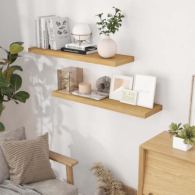 Fun Memories 40 Inch Floating Shelvese, 40" W x 9.3" D Floating Shelf Set of 2, Farmhouse Wood Wall Shelves for Bedroom, Kitchen, Wall Mounted Deep Shelving for Home Decor, Oak Color