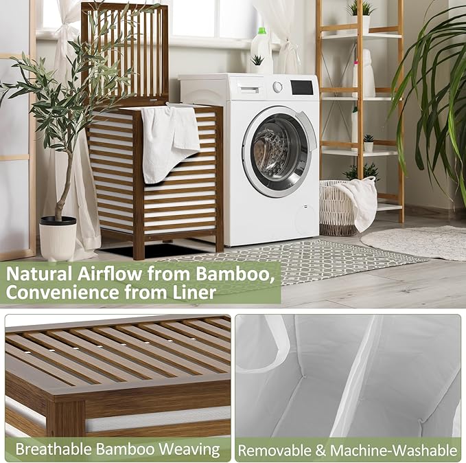 Bamboo Laundry Hamper with Lid, 120L Large Double Laundry Basket with Removable Liner Bag, 2-Section Clothes Laundry Sorter for Bedroom, Bathroom, Laundry Room,18.5 x 18.5 x 25.6 IN, Walnut