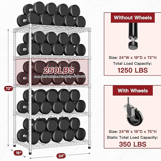PrimeZone 2 Pack Steel Storage Wire Shelving 5 Tier Metal Shelves with Wheels,Adjustable Kitchen Utility Shelving Unit,Pantry Rack Rolling Metal Shelf Laundry,Chrome 24" Wx18 Dx75 H